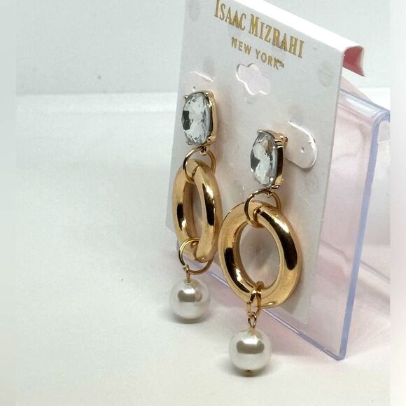 ISAAC MIZRAHI Gold Tone Crystal & Faux Pearl Dangling Post  Earrings - Picture 4 of 11